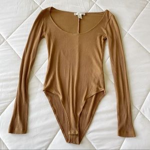 Light Brown Chestnut Caramel Colored Long Sleeve Scoop Neck Bodysuit